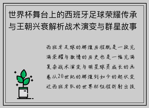 世界杯舞台上的西班牙足球荣耀传承与王朝兴衰解析战术演变与群星故事 世界杯舞台上的西班牙足球荣耀传承与王朝兴衰解析战术演变与群星故事
