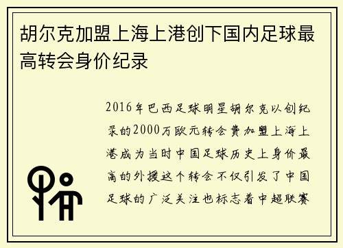 胡尔克加盟上海上港创下国内足球最高转会身价纪录 胡尔克加盟上海上港创下国内足球最高转会身价纪录